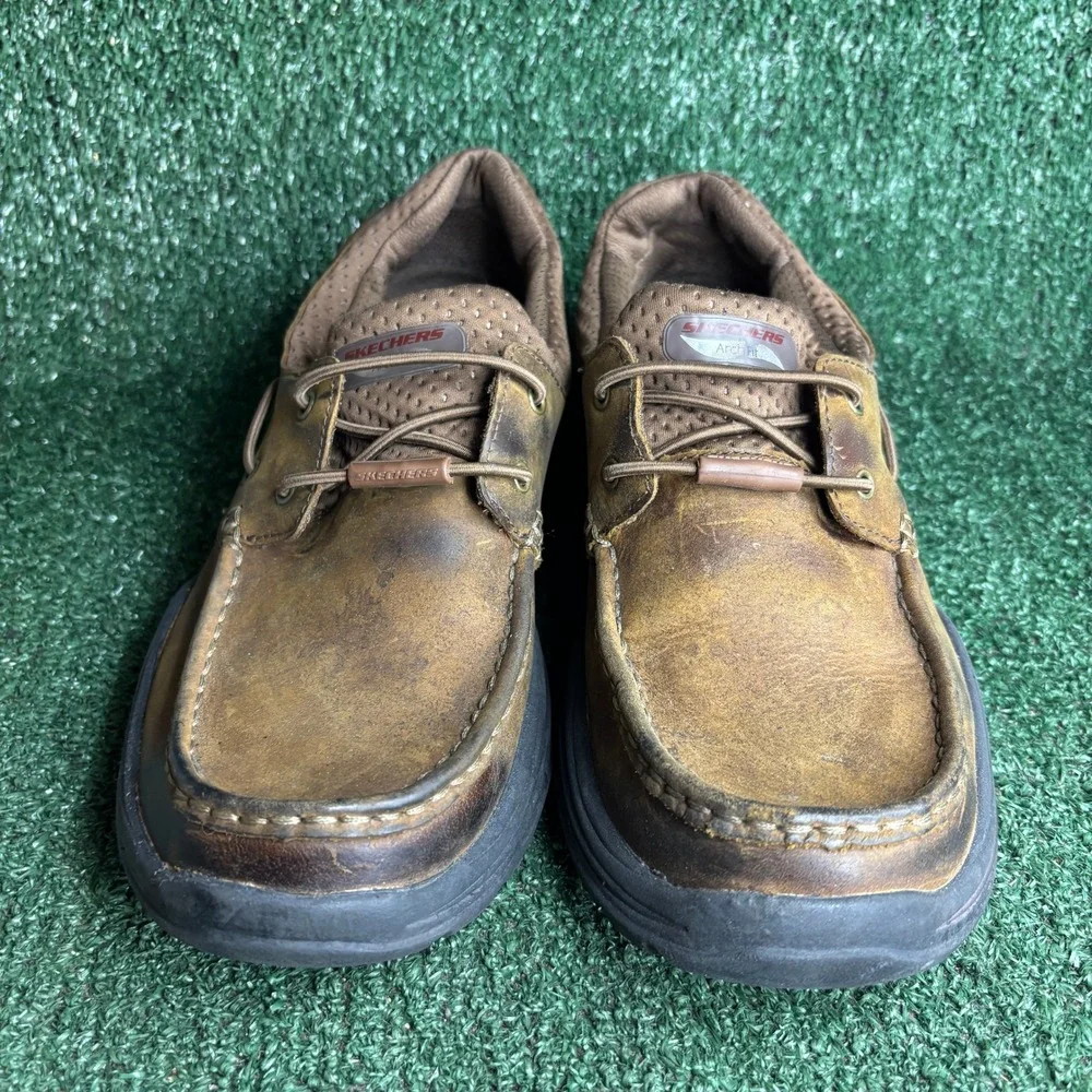 Skechers Arch Fit Motley Hust Boat Shoes Leather Casual Loafers Brown Mens 10.5